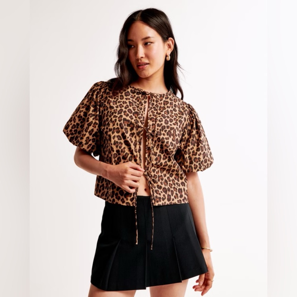 Leopard Print Tie-Front Blouse - Brown